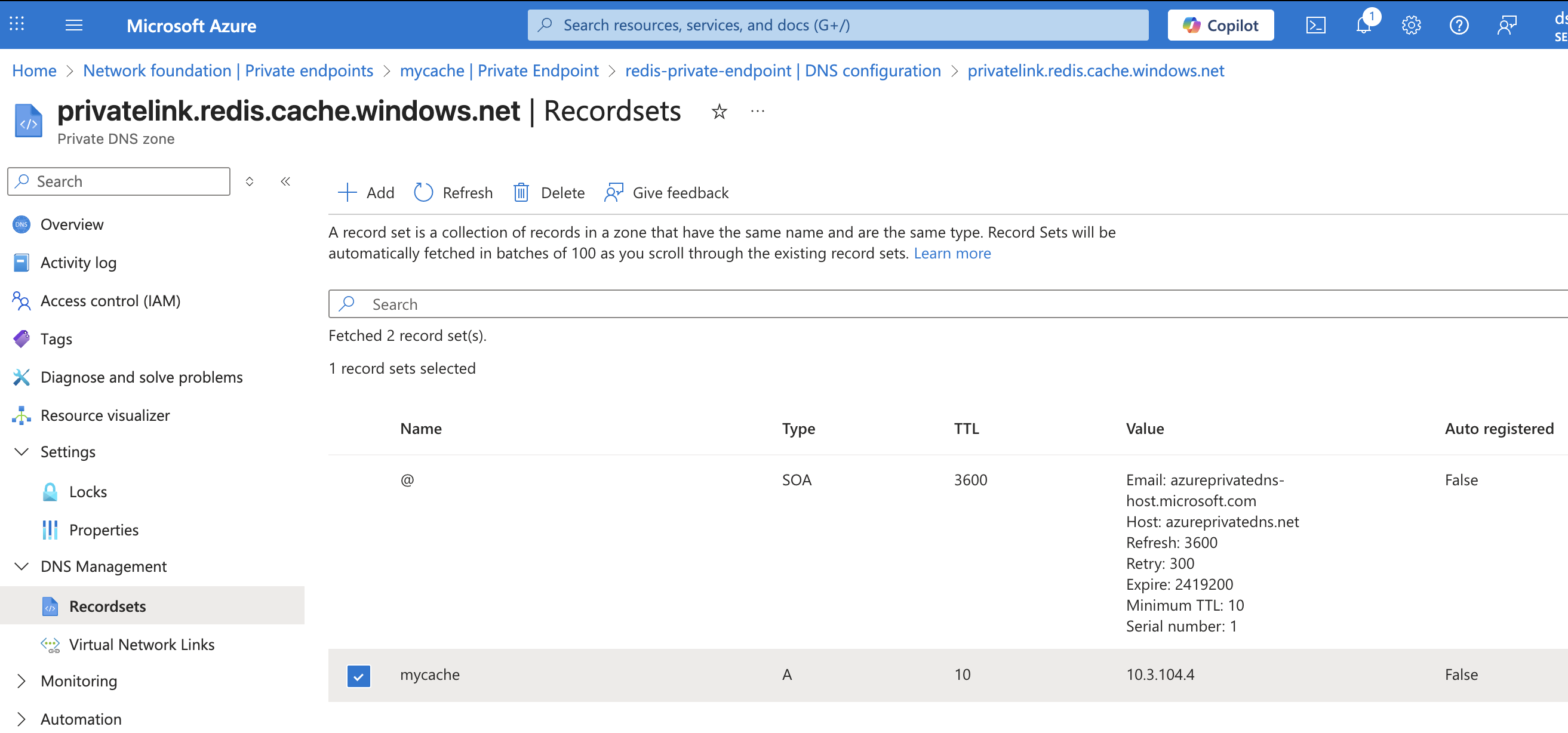 Redis Private DNS Zone